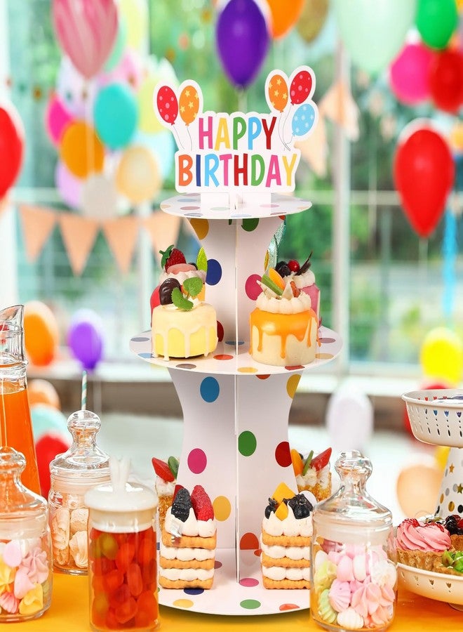 Zopeal Happy Birthday Cupcake Stand 3 Tier Birthday Party Cupcake Holder Polka Dots Cake Stand Holder Cardboard Dessert Tower for Theme Party Supplies Cake Decorations - Image 5